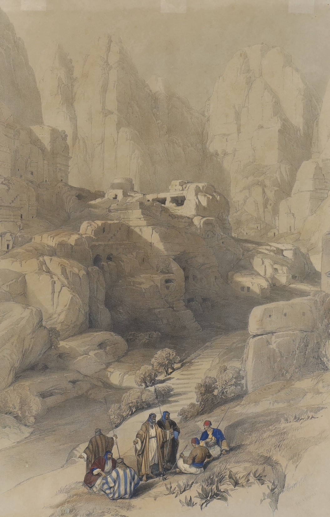 David Roberts (1796-1864), three hand coloured lithographs, 'Ascent of the Lower Range of Sinai', 1839, plate 8, 'Monks of St Catherine's Monastery', 1839, plate 16 and 'Petra', 1839, plate 24, largest 34 x 48cm